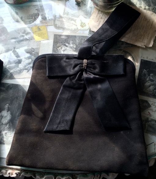 Vintage 50s Alexandre Madrid Black Satin Bow Handle Evening bag with Matching Coin Purse (not shown) £45 